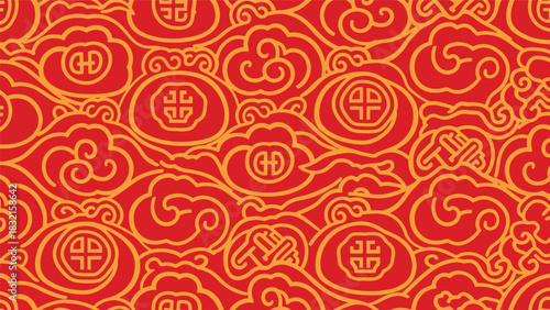 Seamless flat vector pattern inspired by traditional Chinese cloud motifs and symbolic curves arranged in rhythmic repeat
