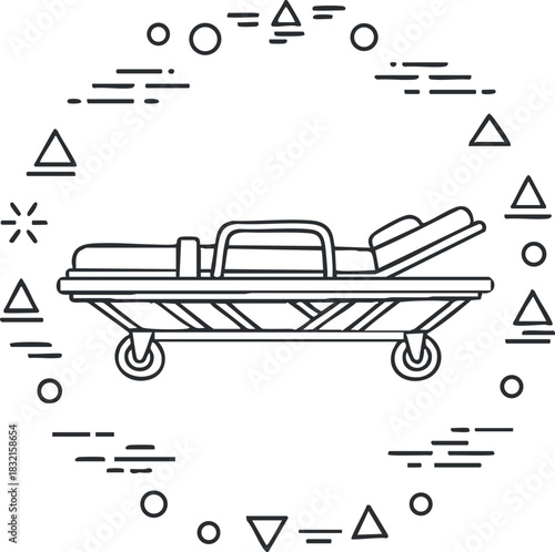 A medical stretcher in outline vector style surrounded by geometric shapes, suitable for healthcare and emergency services themes