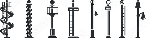 A collection of various pole icons including medical, signaling, and decorative elements in flat black and white vector style, suitable for urban design and signage projects