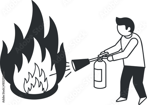 A person using a fire extinguisher to put out flames in a black and white minimalist vector style, suitable for safety training materials