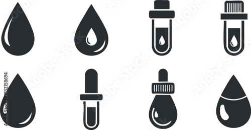 A collection of various droplet and pipette icons in black and white minimalist vector style, suitable for medical and laboratory design
