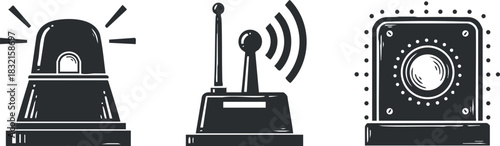 A collection of emergency sirens and alert signals in black and white vector style, ideal for public safety graphics