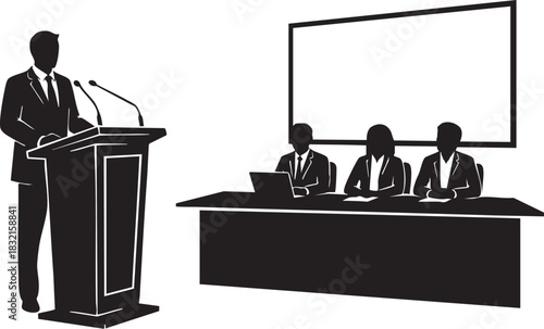 Silhouette of speaker at podium addressing panel at conference