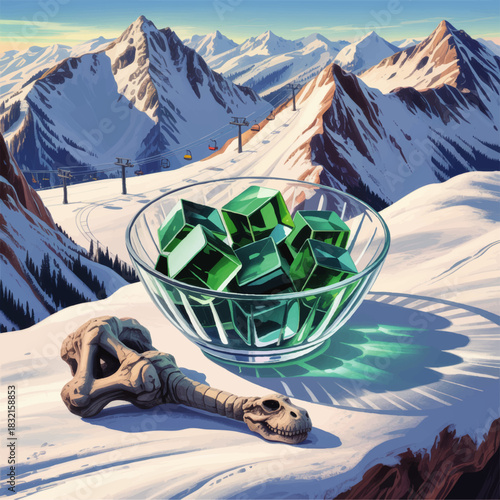 Surreal glass bowl of green crystal cubes and dinosaur fossil on snowy mountain ridge with ski lifts at sunset