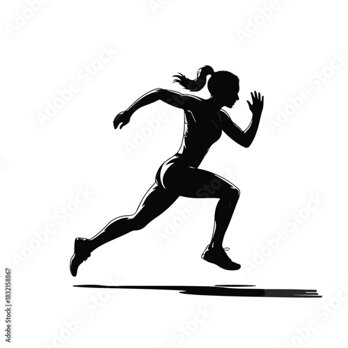 A black silhouette illustration of a female sprinter in mid-run against a white background.