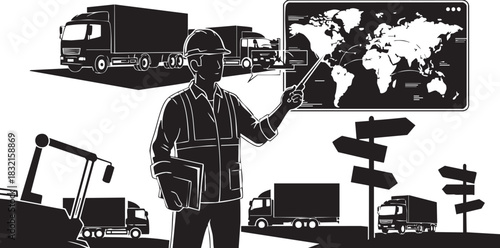 Logistics manager pointing at world map with truck transport