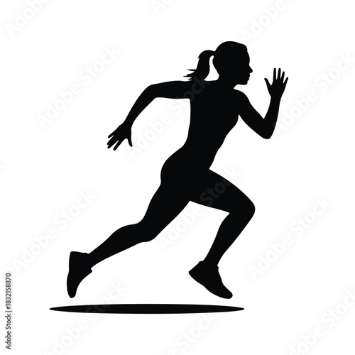 A black silhouette illustration of a female sprinter in mid-run against a white background.