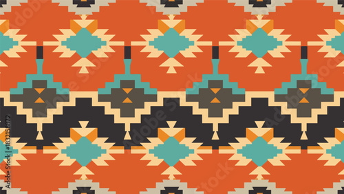 Seamless flat vector southwestern pattern inspired by tribal diamonds and zigzag lines arranged in rhythmic cultural repetition