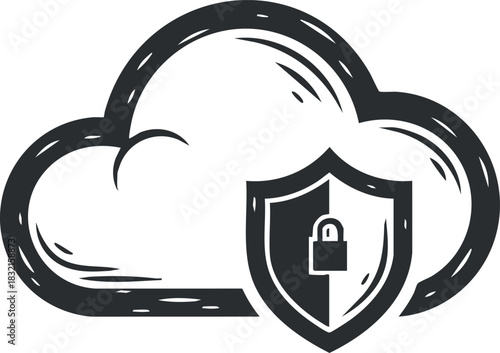 A cloud with a shield and lock symbol in black and white outline vector style, ideal for cybersecurity and data protection concepts