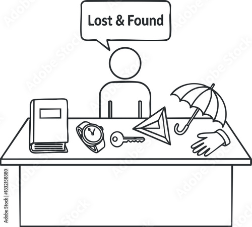 A lost and found service illustration featuring a character at a desk with various items in minimalist vector style, ideal for office organization and recovery services