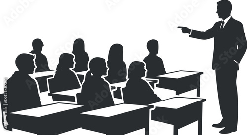 A silhouette of a teacher pointing while addressing a class of students in a classroom setting in black and white vector style, suitable for educational materials and presentations