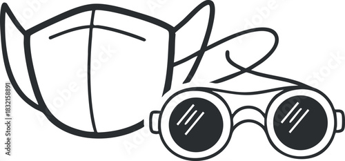 A stylish face mask and sunglasses in minimalist outline vector style, suitable for health and fashion themes