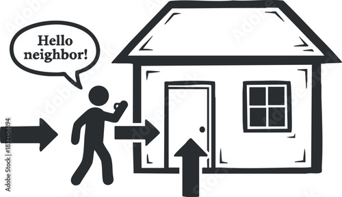 A person greeting their neighbor in front of a house in black and white minimalist vector style, perfect for community and social interaction themes