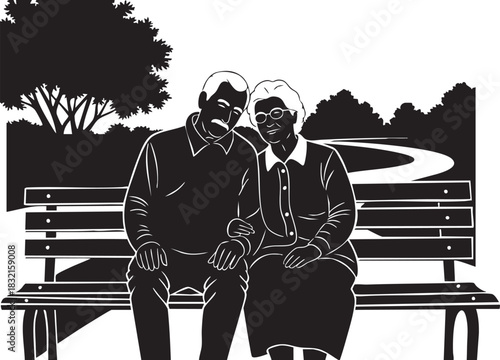Elderly couple sitting close together on a park bench in silhouette