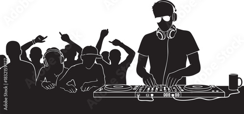 Silhouette of a dj mixing music for a crowd at a party