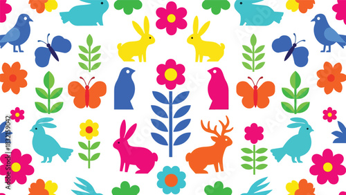 Seamless Otomi-inspired folk pattern with stylized animals and flowers arranged symmetrically in bold flat solid vector form