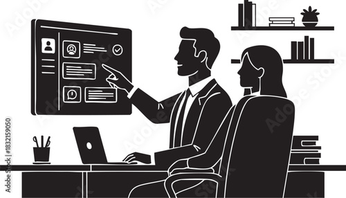 Business meeting illustration of two professional people pointing at screen