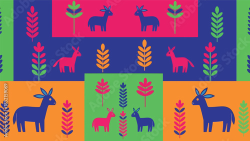 Seamless Otomi-inspired folk pattern with stylized animals and flowers arranged symmetrically in bold flat solid vector form
