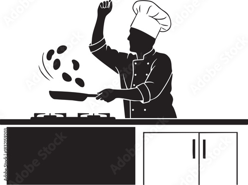 Chef silhouette tossing food in pan above stove