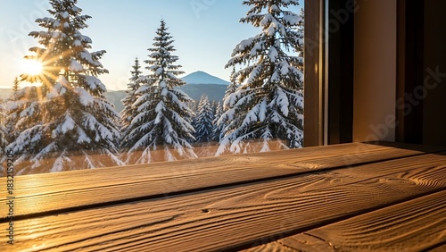 Wooden table top with a view of a snowy winter forest at sunrise.