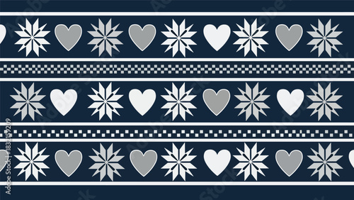 Flat seamless Nordic knitted-inspired pattern with snowflakes, hearts, and repeating geometric shapes, perfect for cozy seasonal textiles