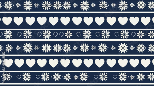 Flat seamless Nordic knitted-inspired pattern with snowflakes, hearts, and repeating geometric shapes, perfect for cozy seasonal textiles