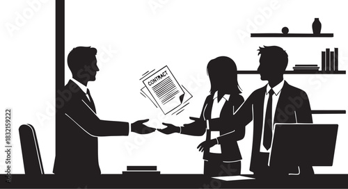 Silhouette of business people exchanging a contract document
