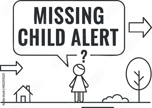A missing child alert graphic featuring a person, house, and tree in minimalist line art style, suitable for community awareness campaigns