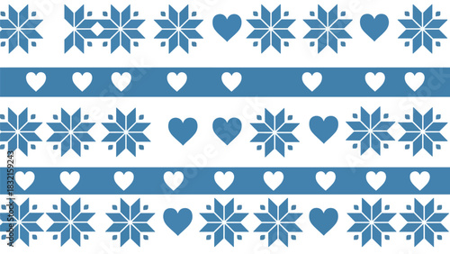 Flat seamless Nordic knitted-inspired pattern with snowflakes, hearts, and repeating geometric shapes, perfect for cozy seasonal textiles