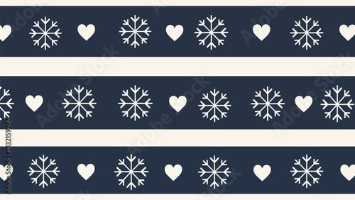 Flat seamless Nordic knitted-inspired pattern with snowflakes, hearts, and repeating geometric shapes, perfect for cozy seasonal textiles