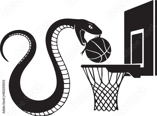 Snake dunking a basketball on a hoop in silhouette