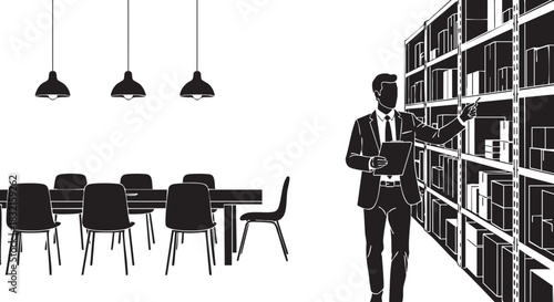 Businessman checking inventory in archive room with meeting table
