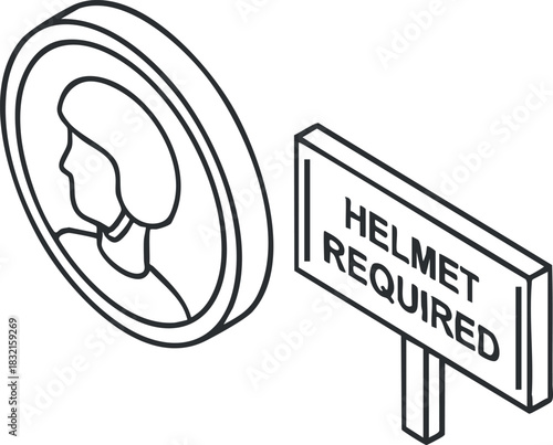 A helmet required sign with a profile illustration in outline minimalist vector style, suitable for safety guidelines and workplace signage