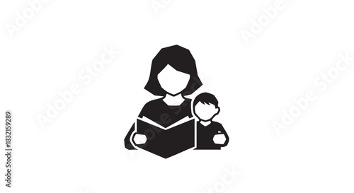 Black and white icon of mother reading book to child