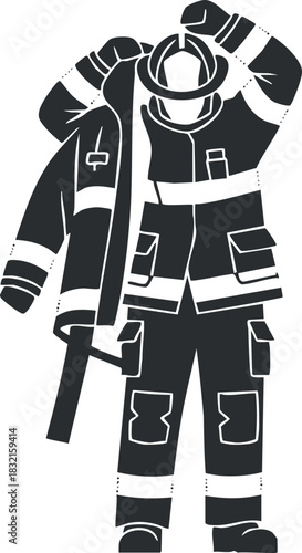 A firefighter removing a jacket in black and white vector style, ideal for emergency service illustrations