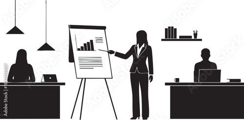 Businesswoman silhouette presenting chart on flip chart to audience