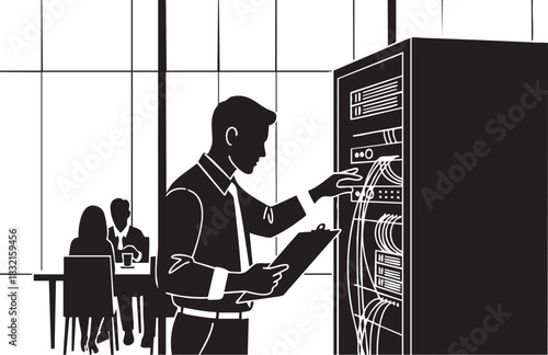 It technician checking server rack wiring while holding a clipboard