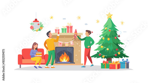 A joyful family gathering in a warm living room, decorating a tall Christmas tree with ornaments, glittering lights, tinsel, and shining stars; fireplace glowing softly, wrapped gifts scattered below,
