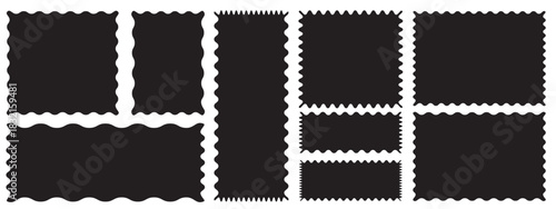 Black silhouette scalloped frames. Geometric shapes stickers with zigzag wavy edge. Set of frames with zigzag edge. 