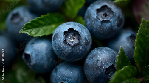 Fresh blueberries with green leaves