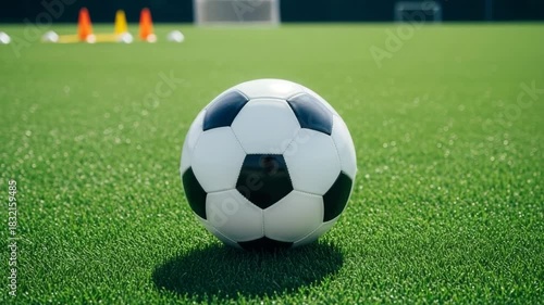 Soccer ball on green grass field with training cones in background , camera orbits around,