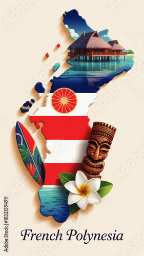 French Polynesia map illustration with overwater bungalows, tiki mask, tropical flower and surfboard island travel concept