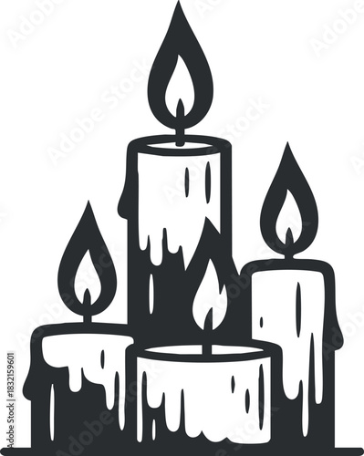 A collection of five decorative candles with flames in black and white minimalist vector style, ideal for home decor and ambiance design