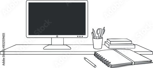 A minimalist outline illustration of a workspace featuring a computer monitor, notebooks, stationery, and a desk, suitable for office design and productivity themes