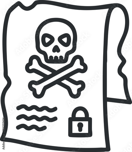 A warning document featuring a skull and crossbones symbol in black and white outline vector style, suitable for danger signs or pirate themes