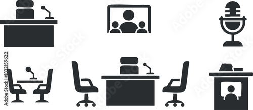 A collection of conference and office icons including desks, chairs, microphones, and video call screens in black silhouette style, suitable for business presentations and meetings