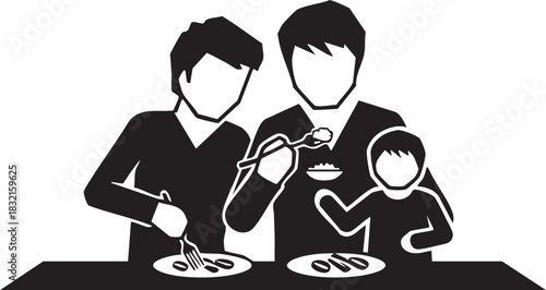 Family eating meal together at table icon silhouette