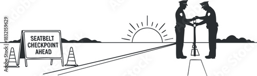 A seatbelt checkpoint ahead illustration featuring police officers in black and white minimalist vector style, suitable for road safety campaigns