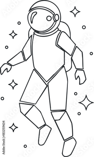 An outline illustration of an astronaut floating in space surrounded by stars in minimalist vector style, ideal for educational and creative projects