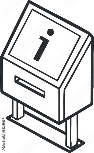 An information kiosk icon in black and white outline vector style, suitable for wayfinding and informational signage